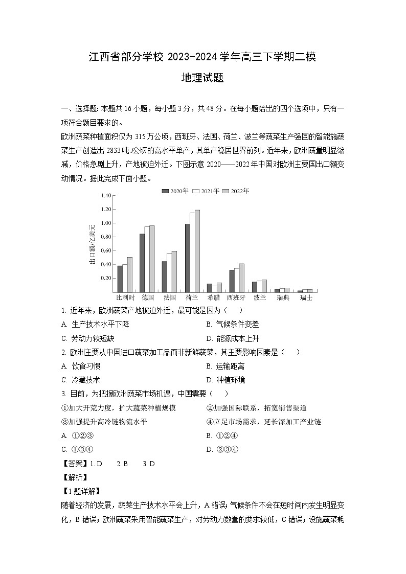 [地理][二模]江西省部分学校2023-2024学年高三下学期试题(解析版)01