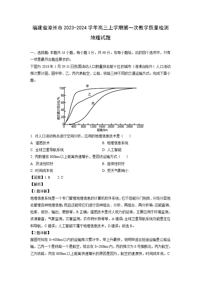 [地理]福建省漳州市2023-2024学年高三上学期第一次教学质量检测试题(解析版)01