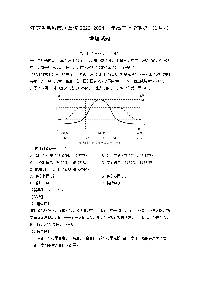 [地理]江苏省盐城市联盟校2023-2024学年高三上学期第一次月考试题(解析版)第1页
