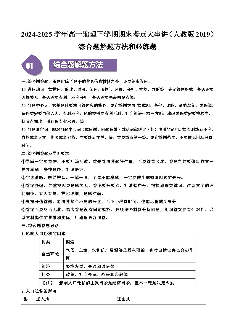 综合题解题方法和必练20题-2024-2025学年高一地理下学期期末考点大串讲（人教版2019）（原卷版）第1页