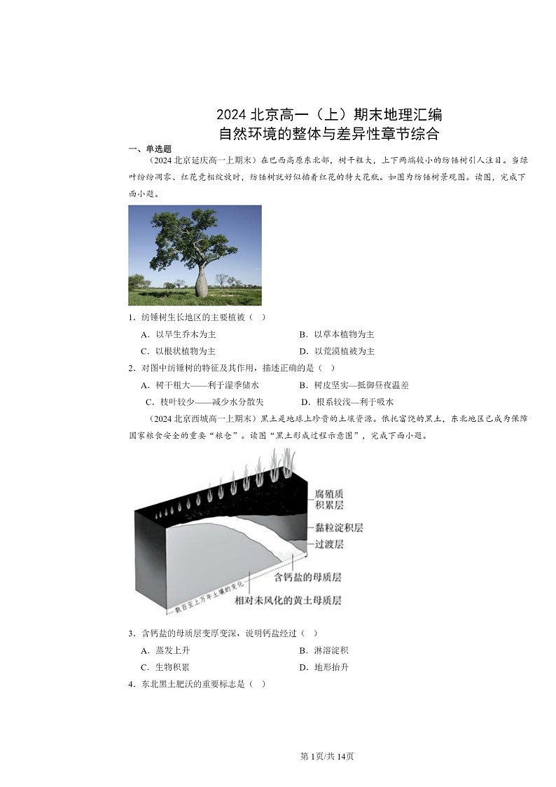 [地理]2024北京高一上学期期末真题分类汇编：自然环境的整体与差异性章节综合01