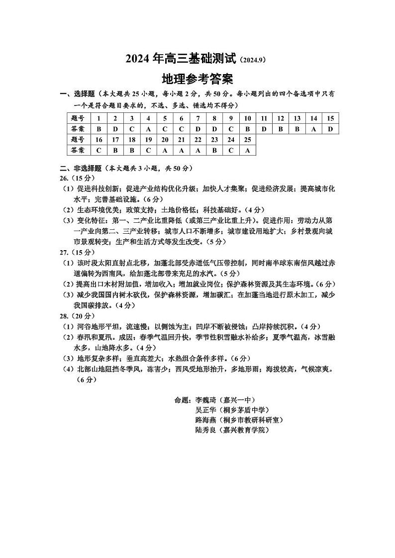浙江省嘉兴市2024-2025学年高三上学期9月基础测试地理试题答案第1页