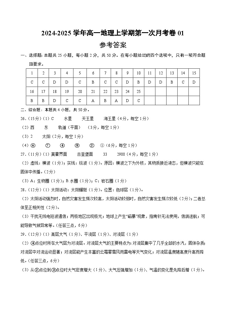 人教版2019高中地理高一上学期第一次月考试卷01（第1章~第2章第1节）含答案解析01