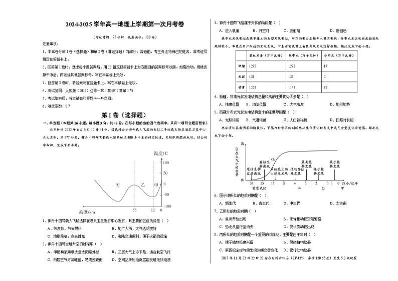 高一地理第一次月考卷（考试版A3）【测试范围：人教版（2019）必修一第1章~第2章第1节】（新八省专用）第1页