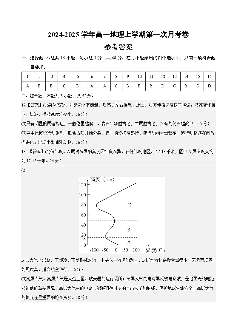 高一地理第一次月考卷01（参考答案）（新高考通用）第1页