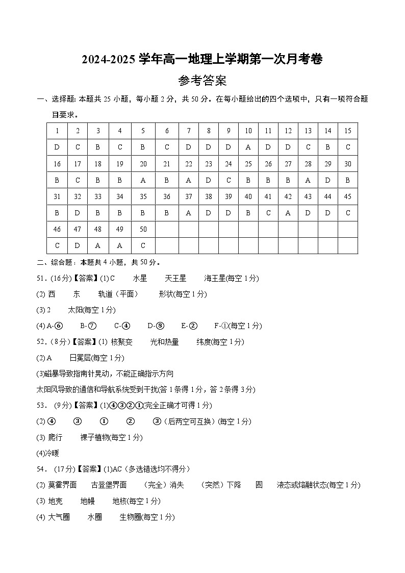 高一地理第一次月考卷（参考答案）（鲁教版2019）第1页