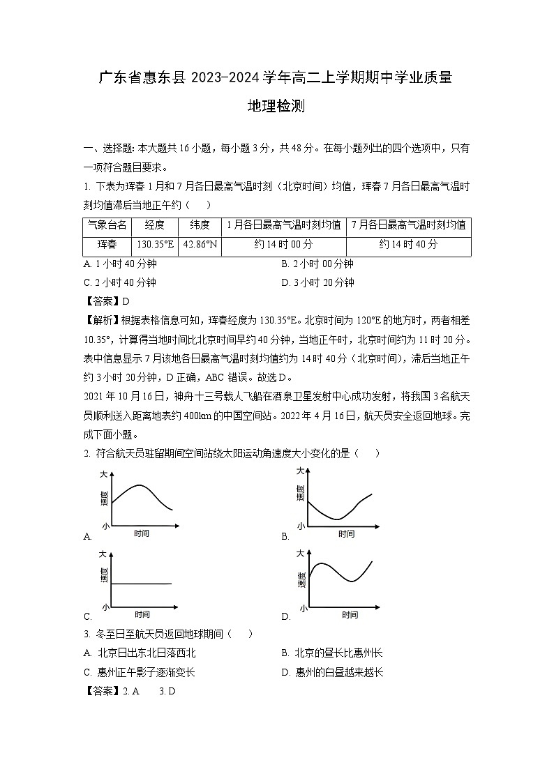 [地理][期中]广东省惠东县2023-2024学年高二上学期期中学业质量检测(解析版)01