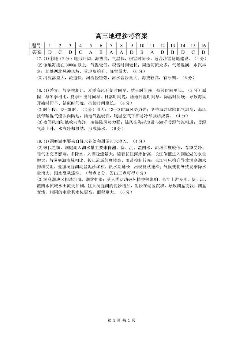 高三地理参考答案第1页