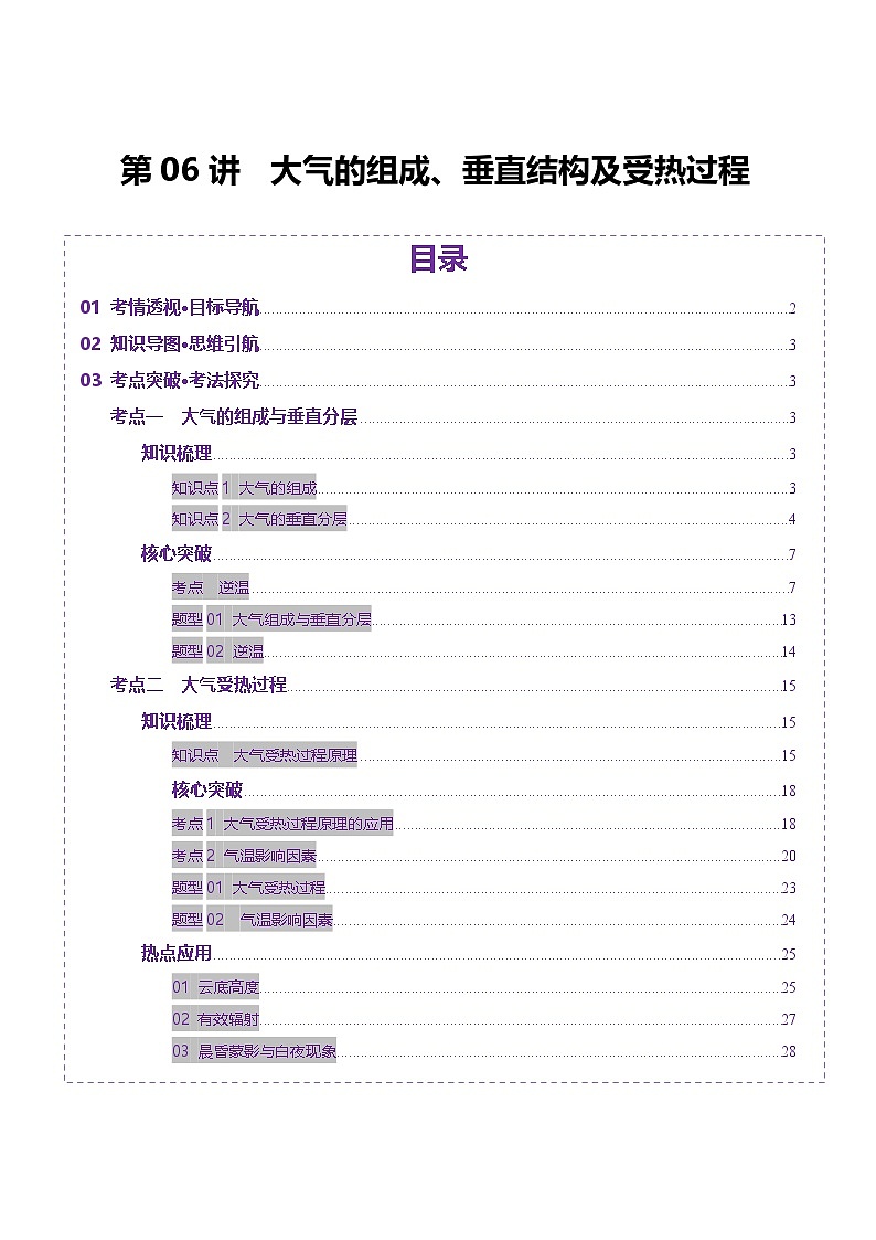 第06讲 大气的组成、垂直结构及受热过程（讲义）（教师版） 2025年高考地理一轮复习讲练测（新教材新高考）第1页
