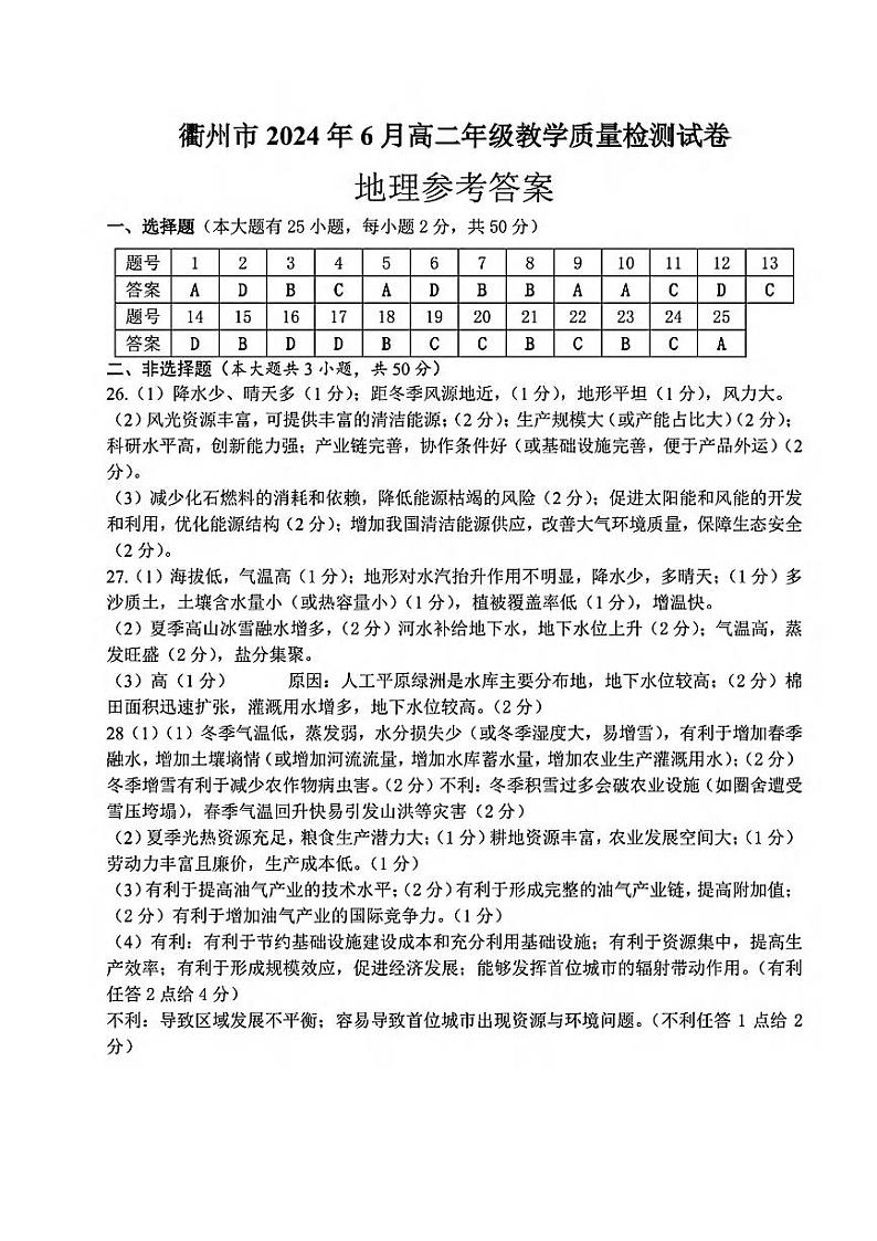 衢州市2024年6月高二第二学期期末教学质量检测+地理试卷（含答案）01