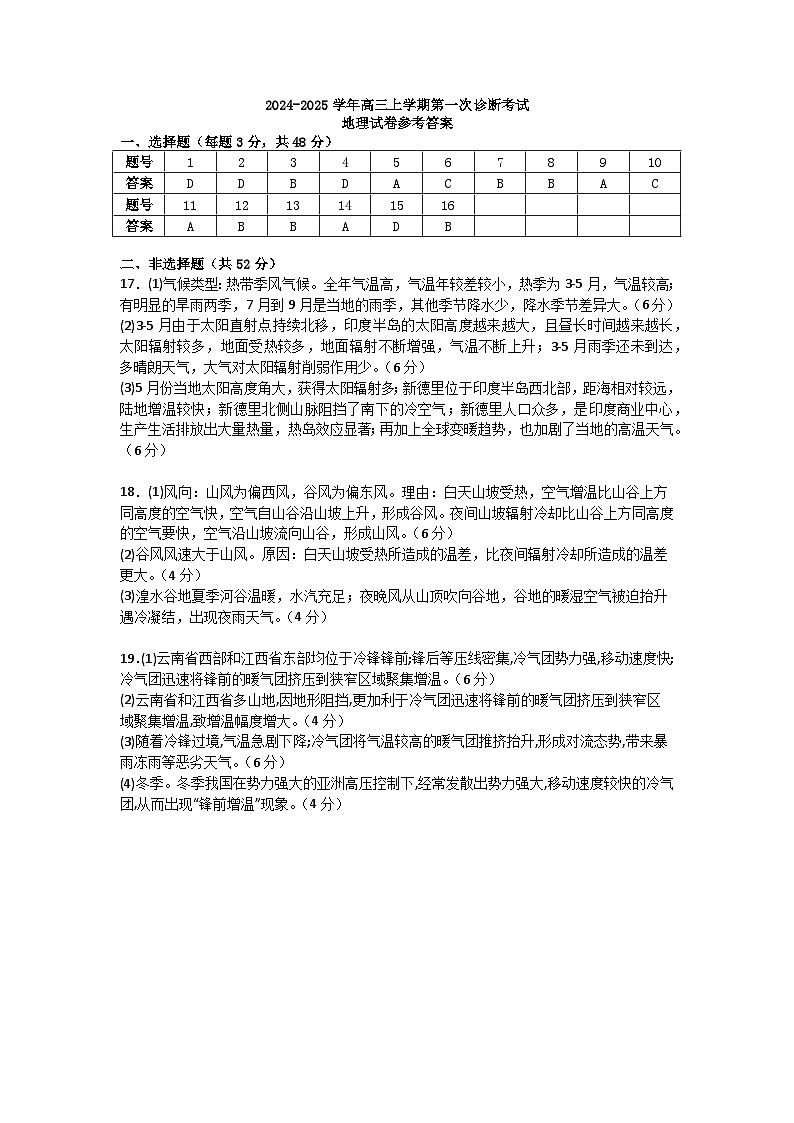 内蒙古自治区巴彦淖尔市第一中学2024-2025学年高三上学期10月月考地理试题地理参考答案第1页