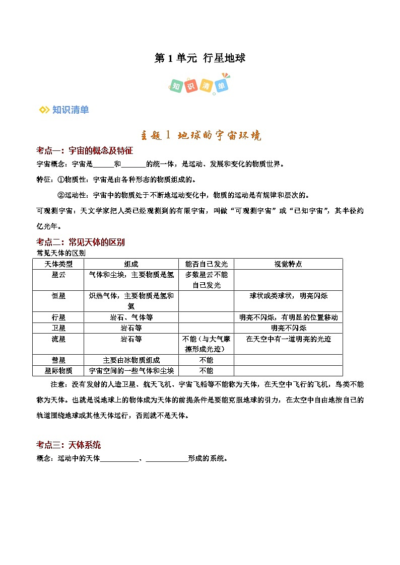第1单元行星地球（挖空版）【考点清单】-2024-2025学年高一地理上学期期中考点大串讲（中图中华地图版）第1页