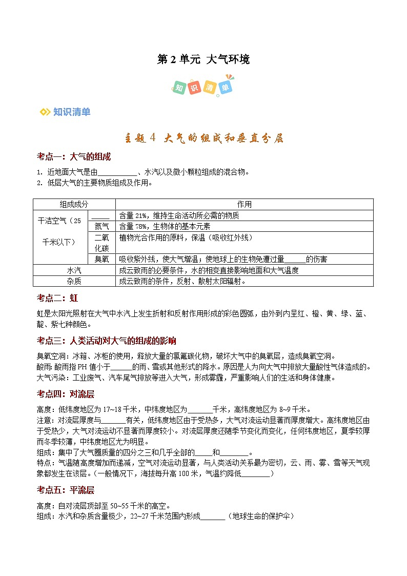第2单元 大气环境（考点清单）（挖空版）【考点清单】-2024-2025学年高一地理上学期期中考点大串讲（中图中华地图版）第1页