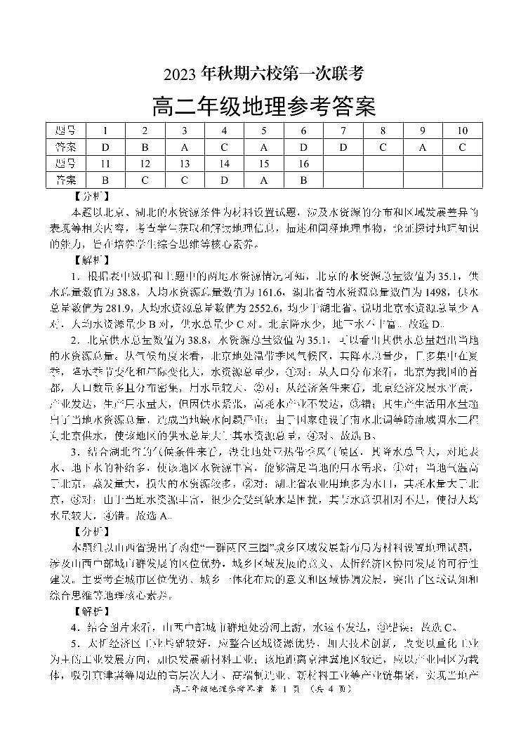 河南省南阳市六校2023-2024学年高二上学期10月月考地理试题（Word版附答案）01