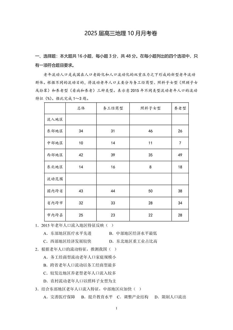 广东省广州市第六中学2024-2025学年高三上学期10月阶段训练地理试题01