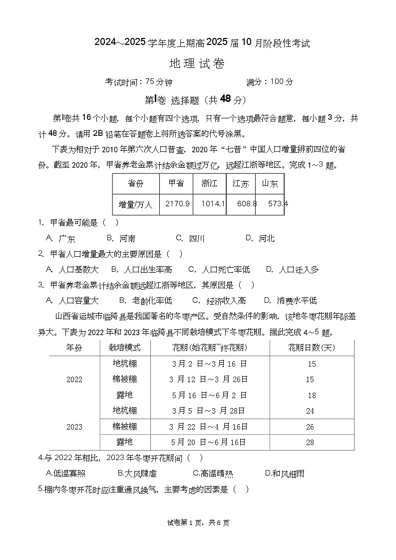 四川省成都市第七中学2024-2025学年高三上学期10月月考地理01