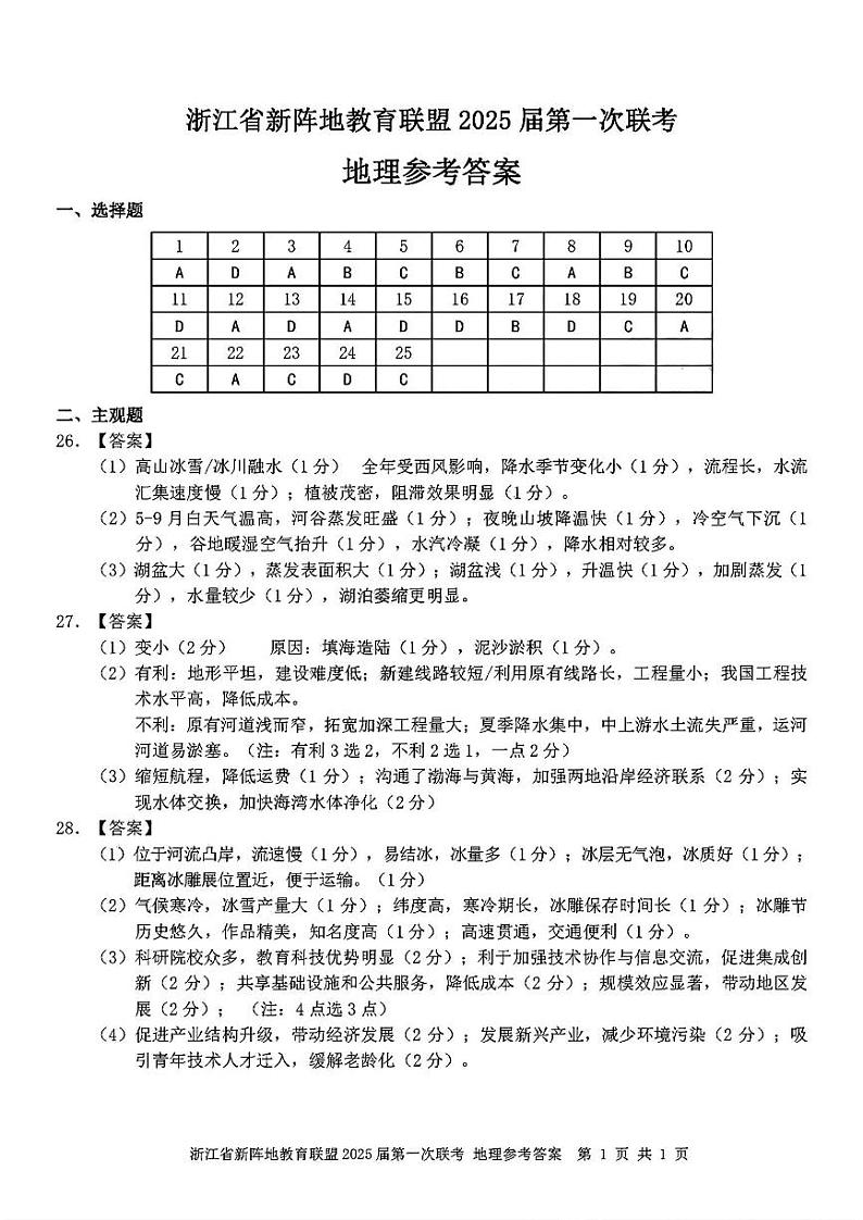 浙江省新阵地联盟2025届高三第一次联考试卷+地理答案第1页