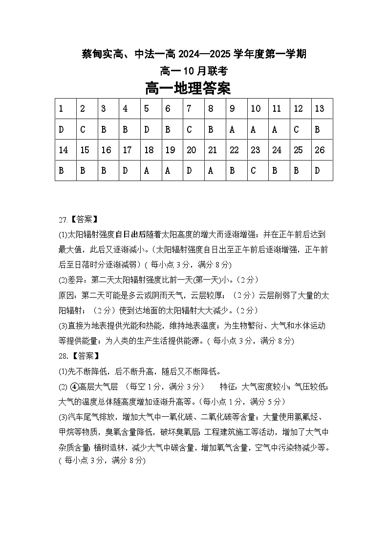 湖北省武汉市蔡甸区实验高级中学2024-2025学年高一上学期10月月考地理试题（Word版附答案）01