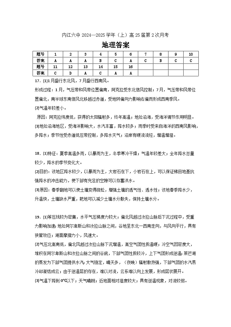四川省内江市第六中学2024-2025学年高三上学期第二次月考地理试题01