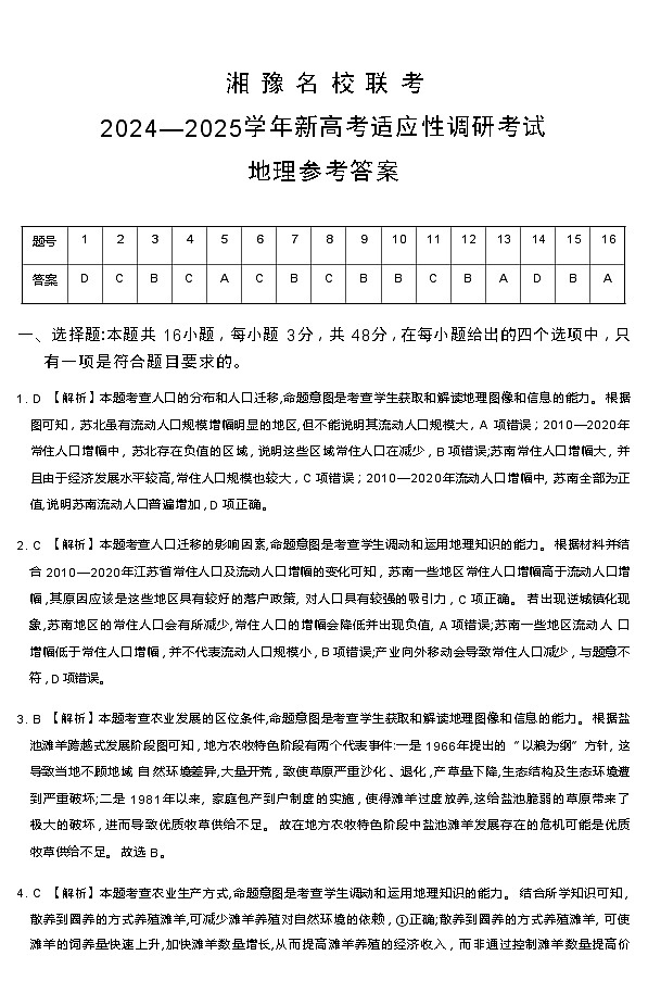 湘 豫 名 校 联 考2024—2025学年新高考适应性调研考试地理参考答案第1页