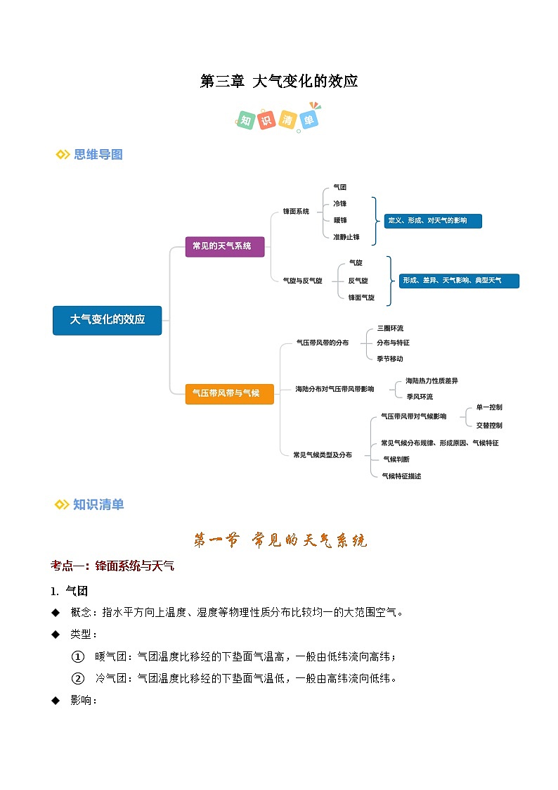 第三章大气变化的效应（考点清单）（背记版） 2024-2025学年高二地理上学期期中考点大串讲（鲁教版2019选择性必修一）练习第1页