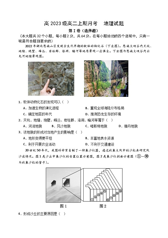 重庆市某重点中学2024-2025学年高二上学期10月月考地理试题（Word版附解析）第1页
