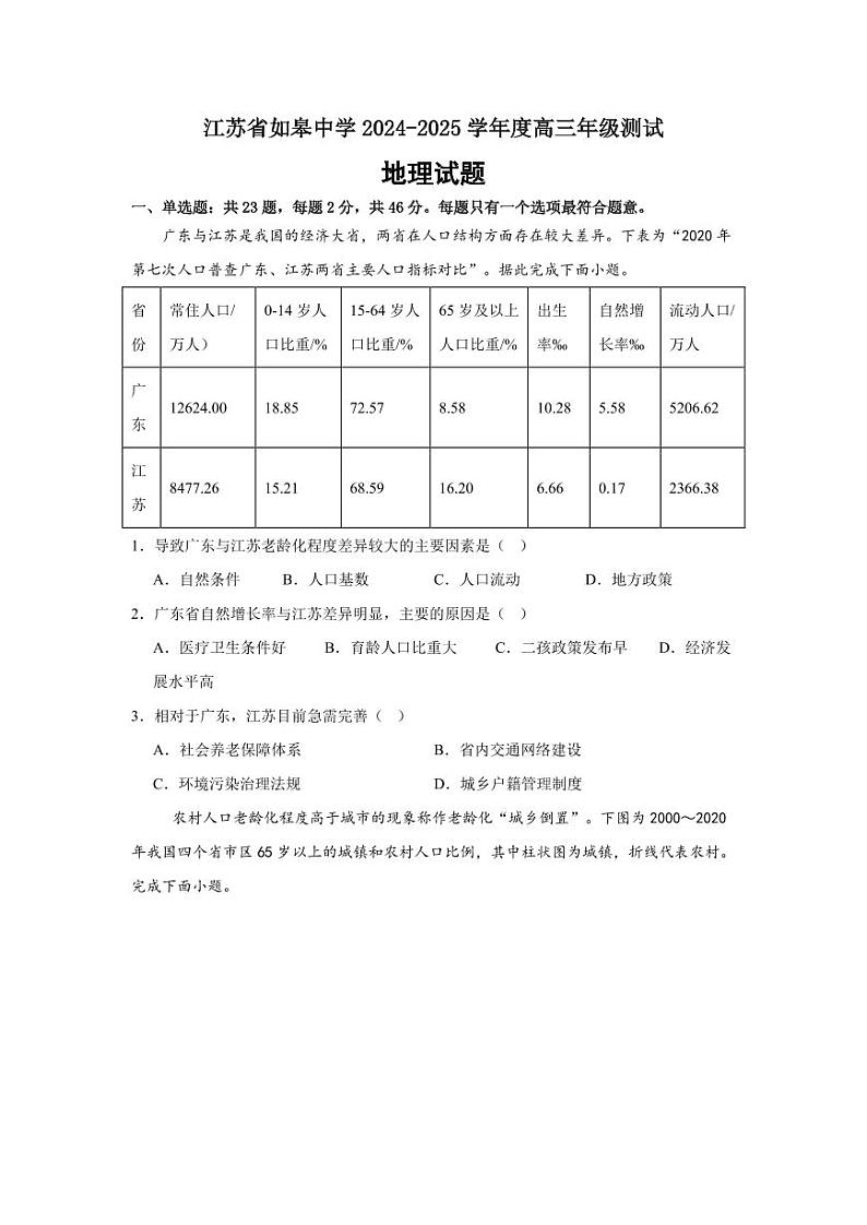 江苏如皋中学2024年高三9月考试 地理试题（含答案）第1页