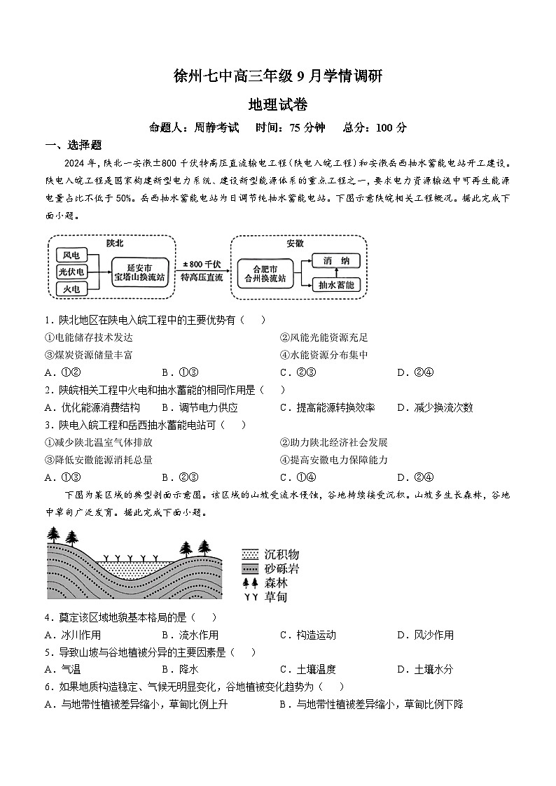 江苏省徐州市第七中学2024-2025学年高三上学期9月月考地理试题(无答案)第1页
