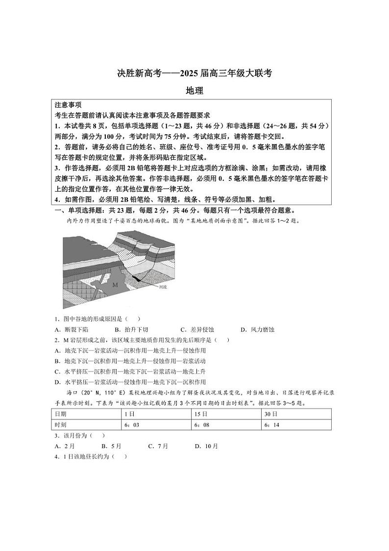 [地理]江苏省“决胜新高考”名校2024～2025学年高三上学期10月联考试题(有答案)第1页
