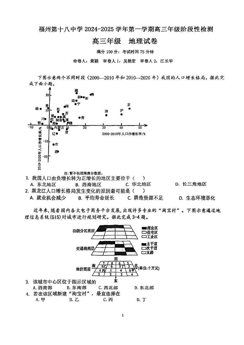 福建省福州第十八中学2024-2025学年高三上学期10月月考地理试卷第1页