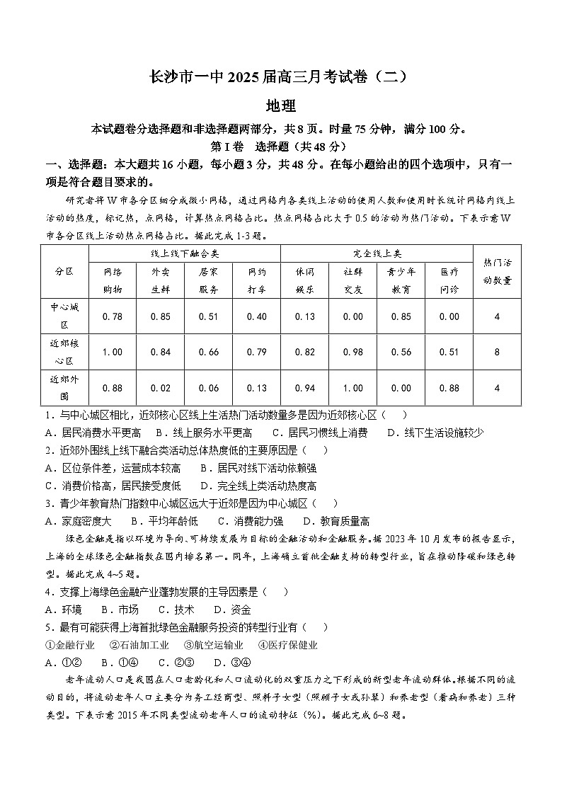 湖南省长沙市第一中学2024-2025学年高三上学期月考卷（二）地理试题第1页