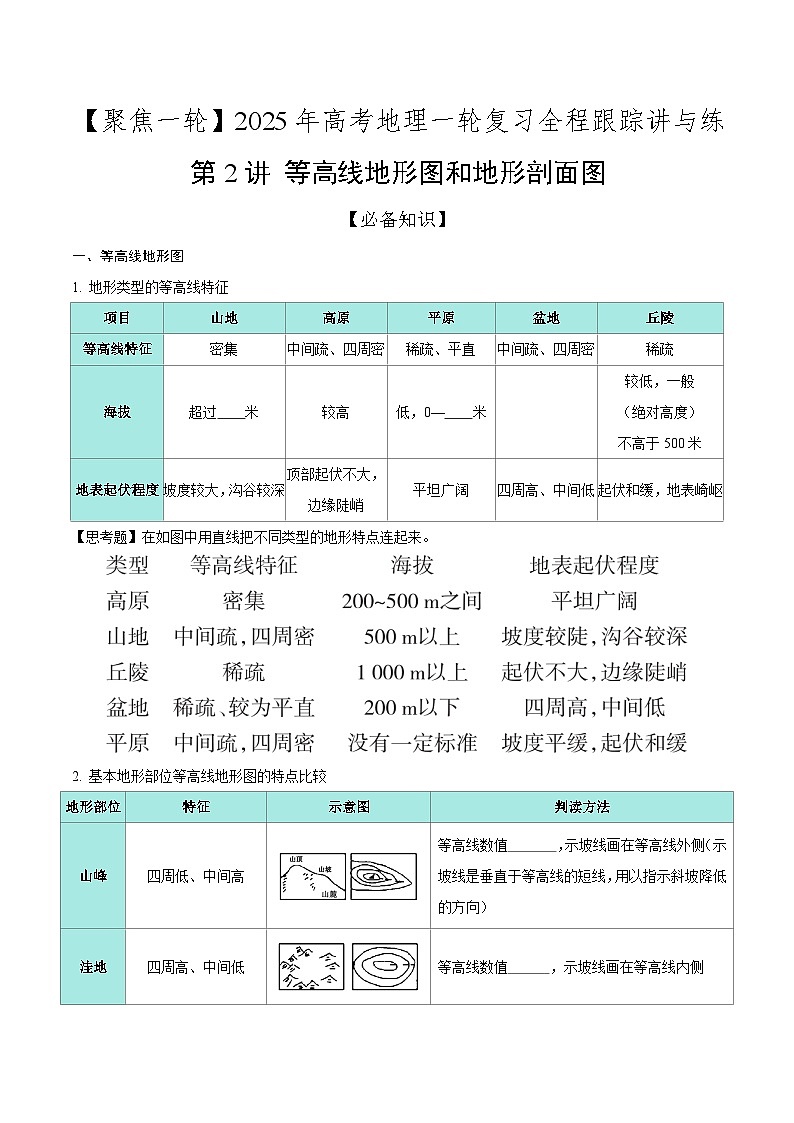 第2讲 等高线地形图和地形剖面图（知识清单）-2025年高考地理一轮复习全程跟踪讲与练（学生版）第1页