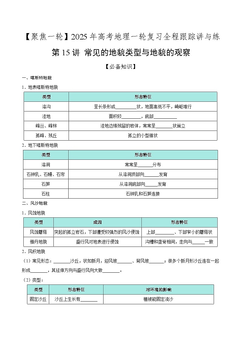 第15讲 常见的地貌类型与地貌的观察（知识清单）-2025年高考地理一轮复习全程跟踪讲与练（学生版）第1页
