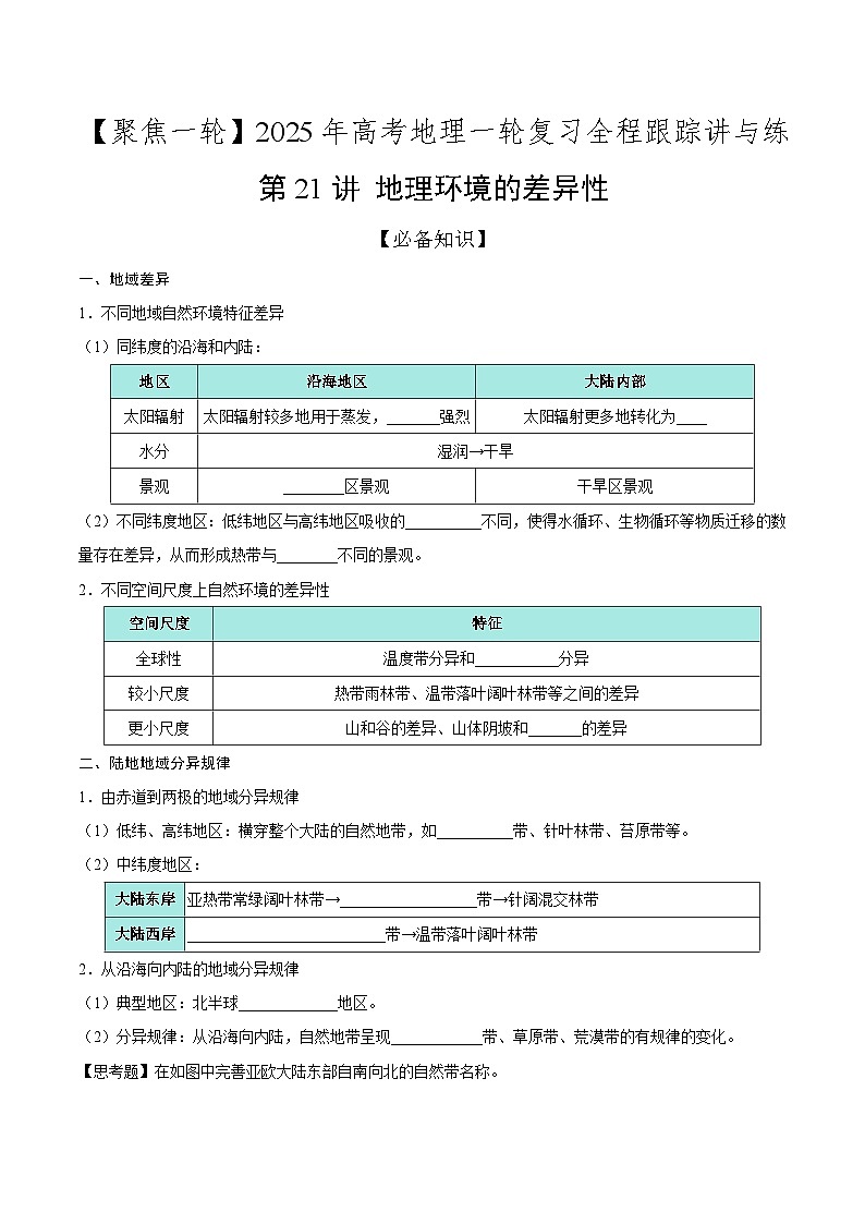 第21讲 地理环境的差异性（知识清单）-2025年高考地理一轮复习全程跟踪讲与练（学生版）第1页