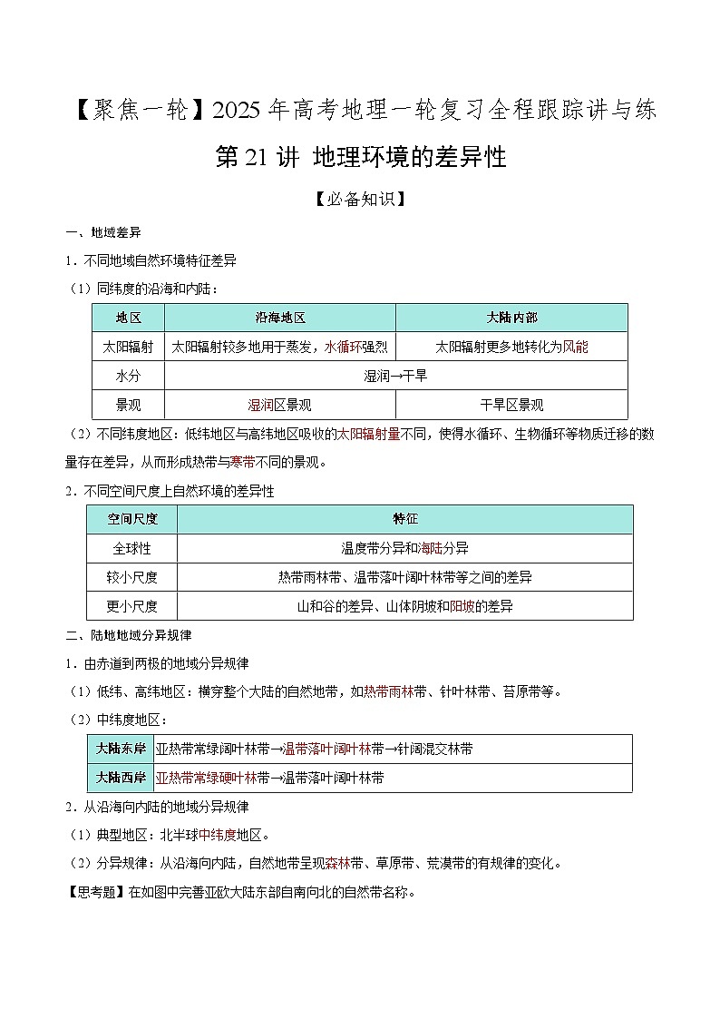 第21讲 地理环境的差异性（知识清单）-2025年高考地理一轮复习全程跟踪讲与练（教师版）第1页