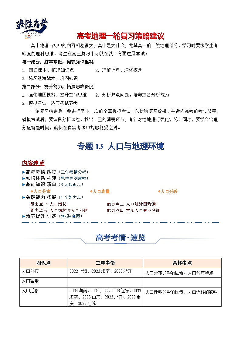 专题13 人口与地理环境（思维导图 3大知识点 4个能力拓展）-2025年高考地理一轮复习知识点讲义01