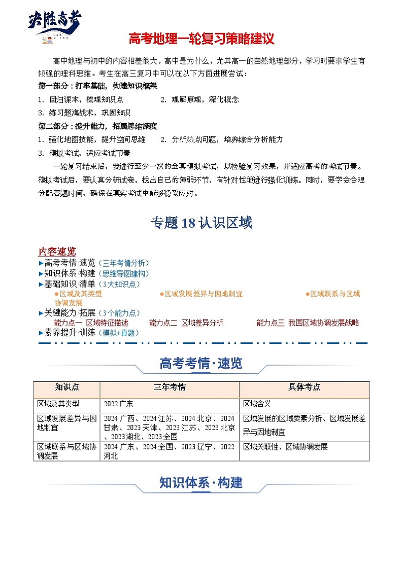 专题18 认识区域（思维导图 3大知识点 3个能力拓展）-2025年高考地理一轮复习知识点讲义第1页