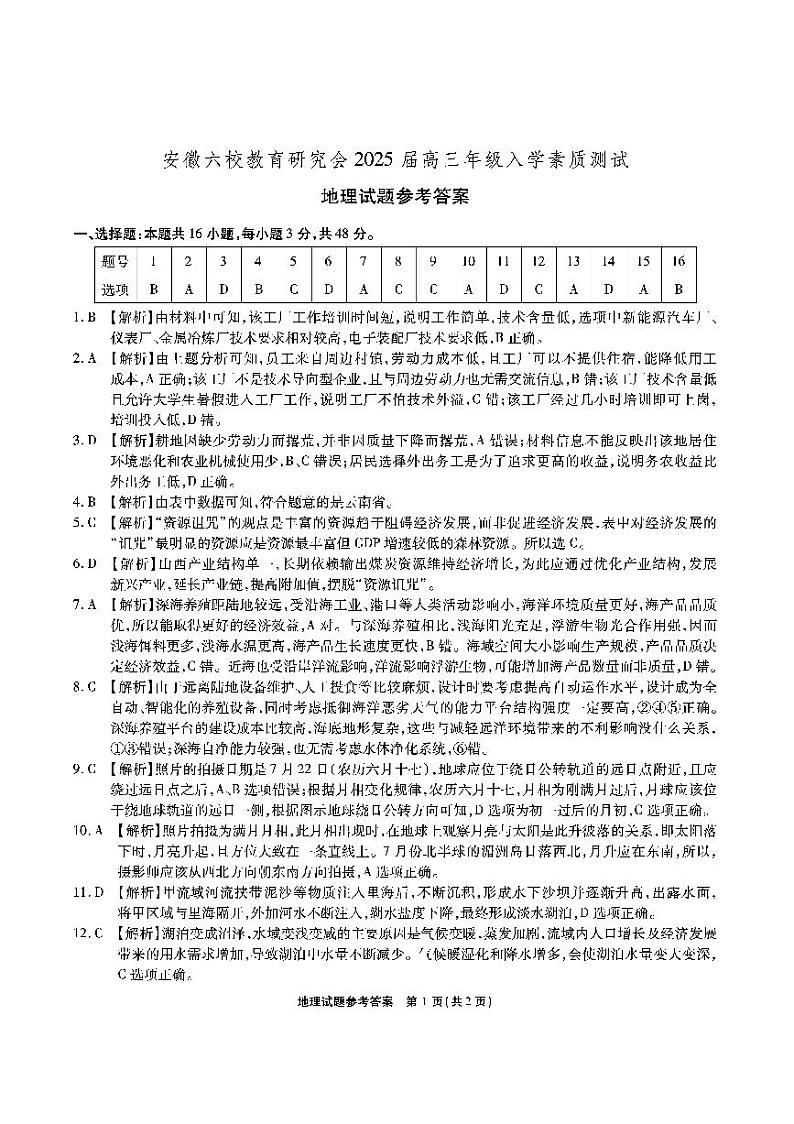 【安徽卷】安徽省安徽六校教育研究会2025届高三年级入学素质测试（开学联考）（9.6-9.7）             地理试卷答案第1页