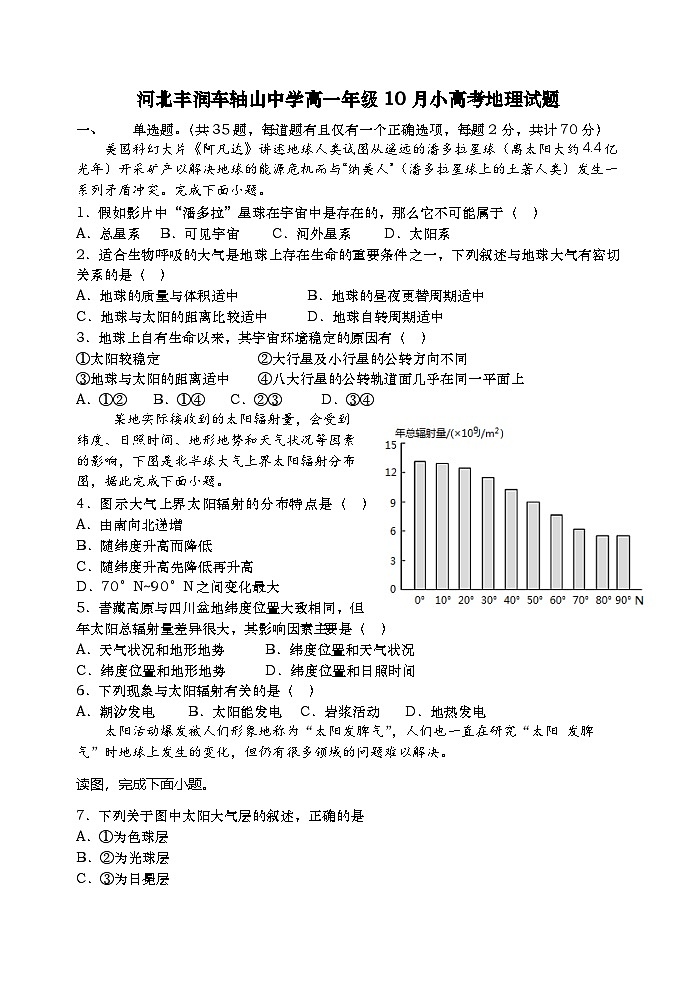 河北省唐山市河北丰润车轴山中学2024-2025学年高一上学期10月月考地理试题01