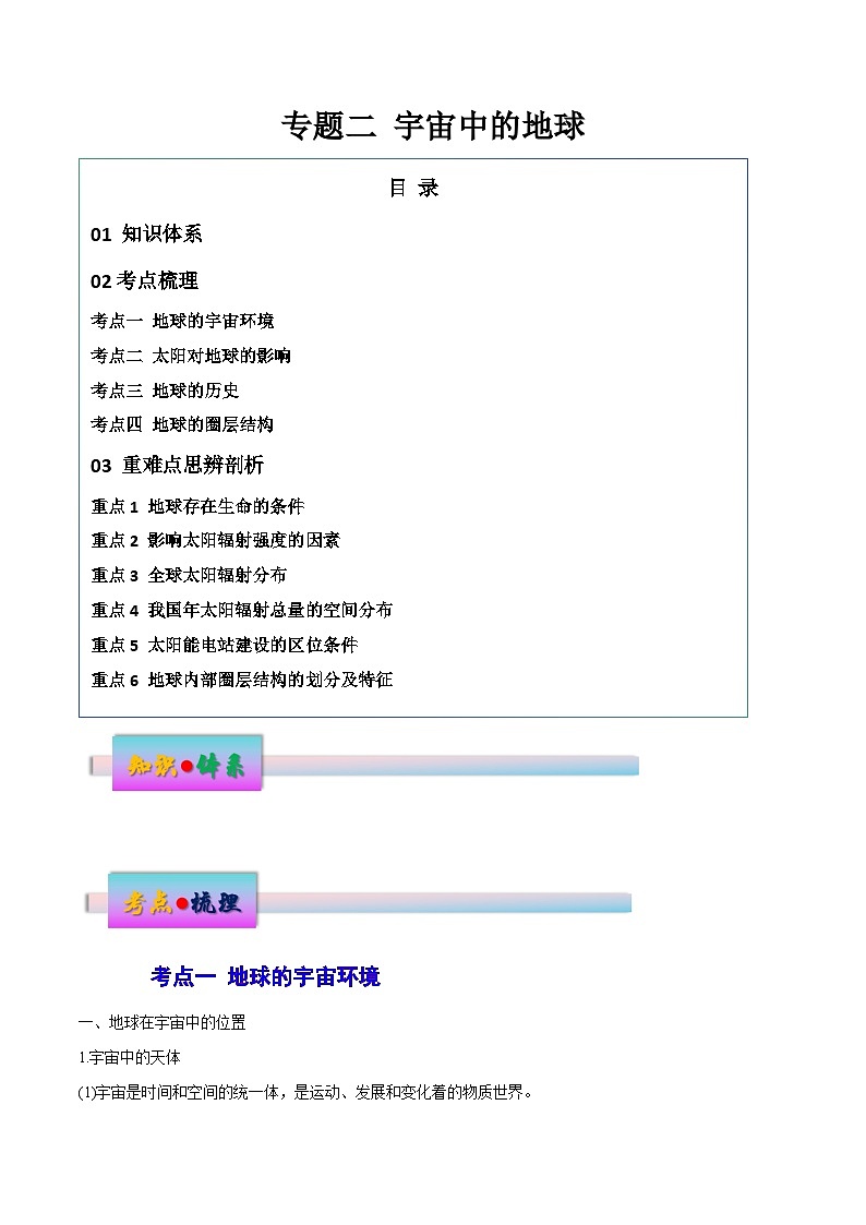 新高考地理一轮复习考点练习专题二 宇宙中的地球（讲义）（原卷版）第1页