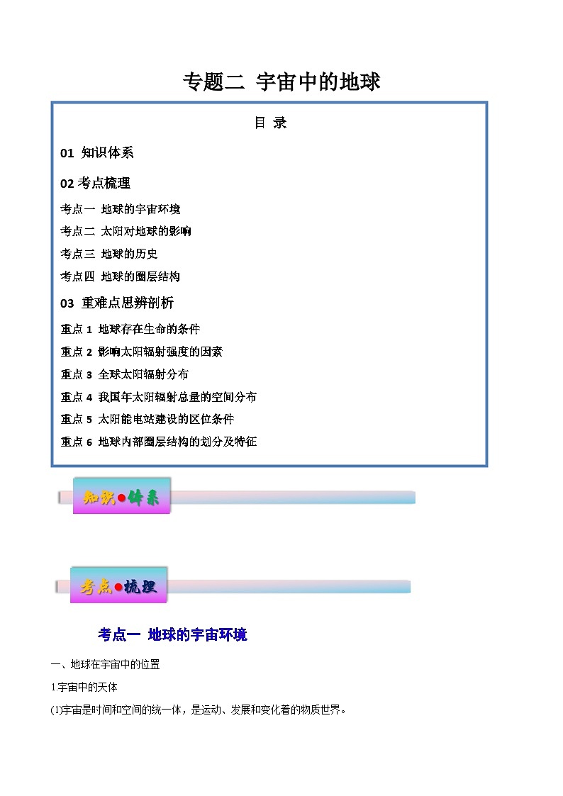 新高考地理一轮复习考点练习专题二 宇宙中的地球（讲义）（解析版）第1页