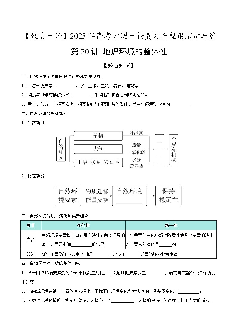 第20讲 地理环境的整体性（知识清单）-【聚焦一轮】2025年高考地理一轮复习全程跟踪讲与练（原卷版）第1页