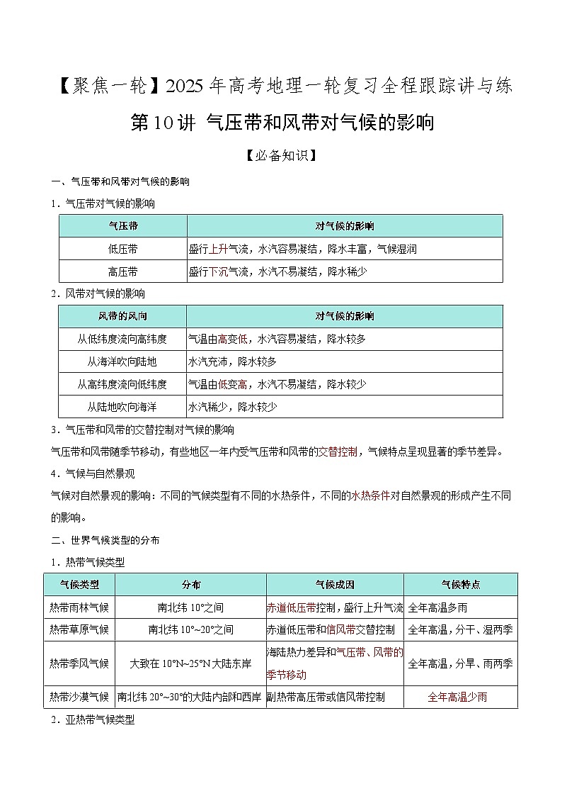 第10讲 气压带和风带对气候的影响（知识清单）-【聚焦一轮】2025年高考地理一轮复习全程跟踪讲与练（解析版）第1页