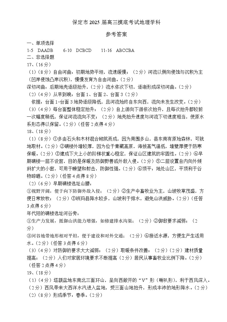 2024 年高三摸底考试地理答案第1页