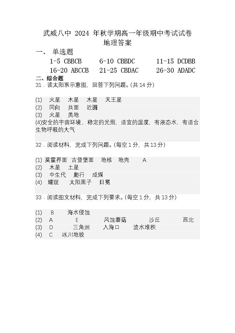 武威八中 2024 年秋学期高一年级期中考试地理试卷答案第1页