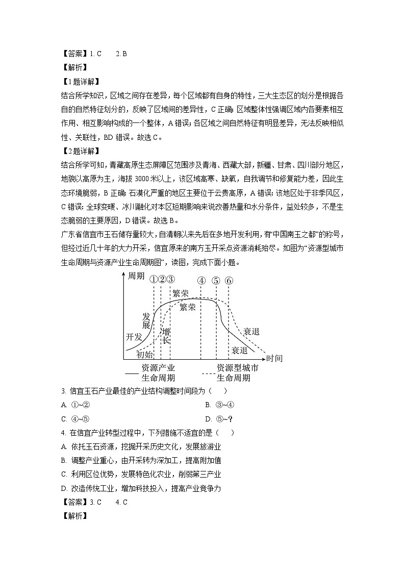 北京市石景山区2023-2024学年高二下学期期末地理试题（解析版）02