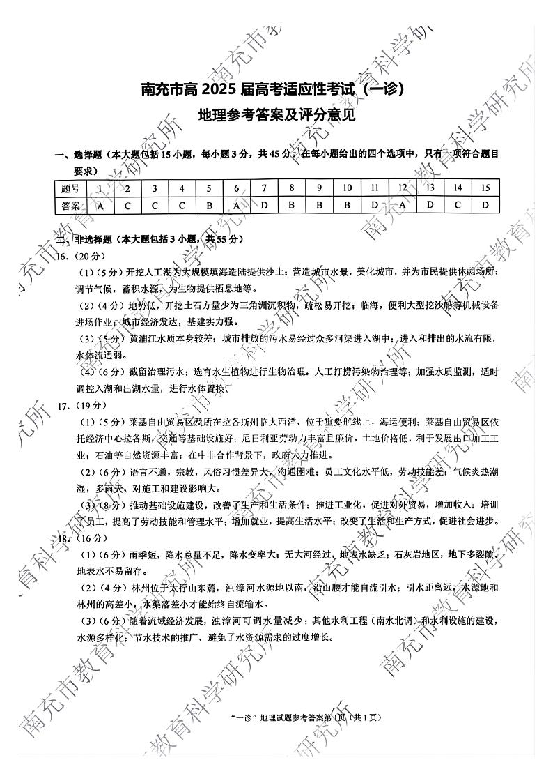 四川省南充市2025届高三高考适应性考试（一诊）地理试题答案第1页