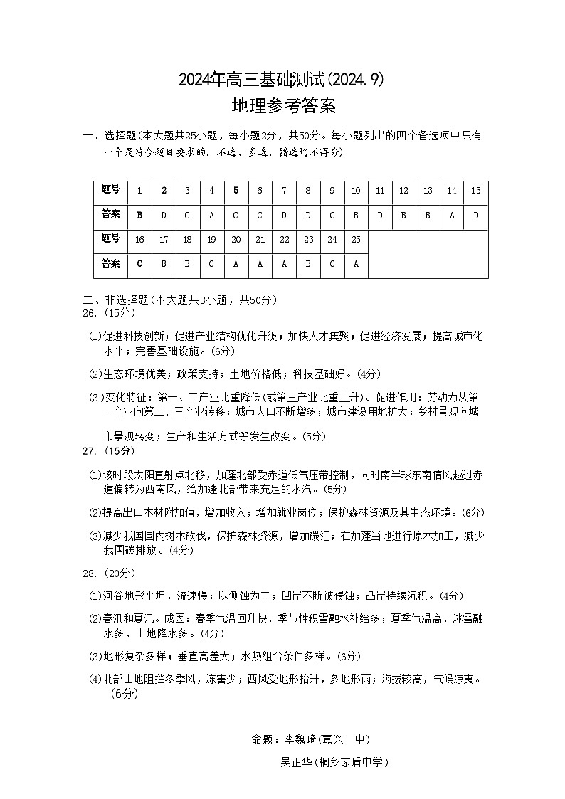 【浙江卷】浙江省嘉兴市2024年高三年级9月基础测试（嘉兴基测）（9.18-9.20）                地理试卷答案第1页