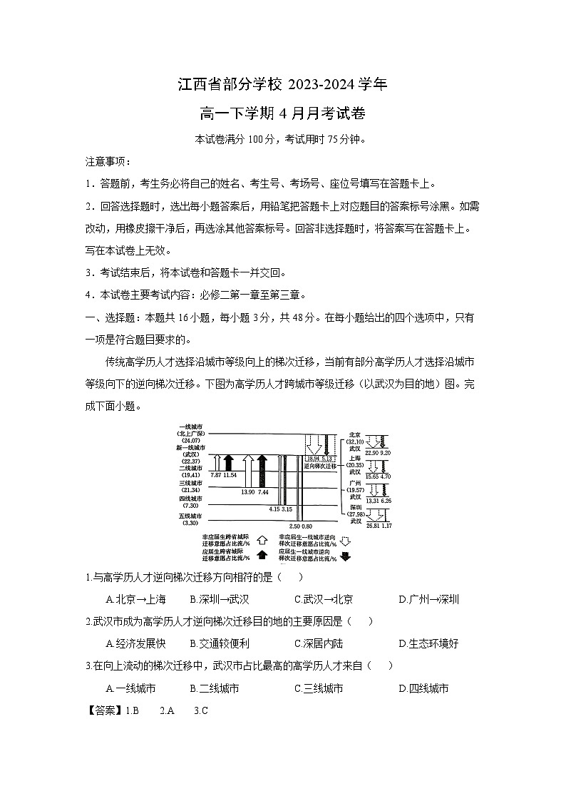 江西省部分学校2023-2024学年高一下学期4月月考地理试卷(解析版)第1页