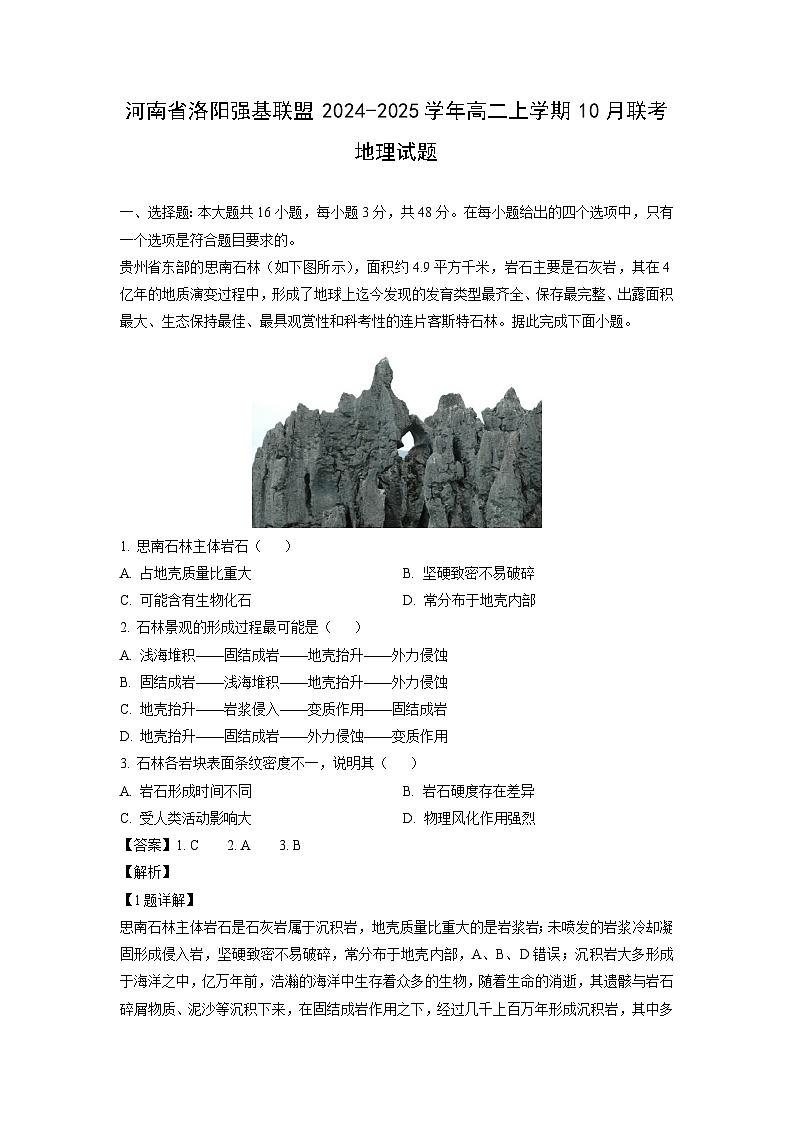 河南省洛阳强基联盟2024-2025学年高二上学期10月联考地理试卷(解析版)01